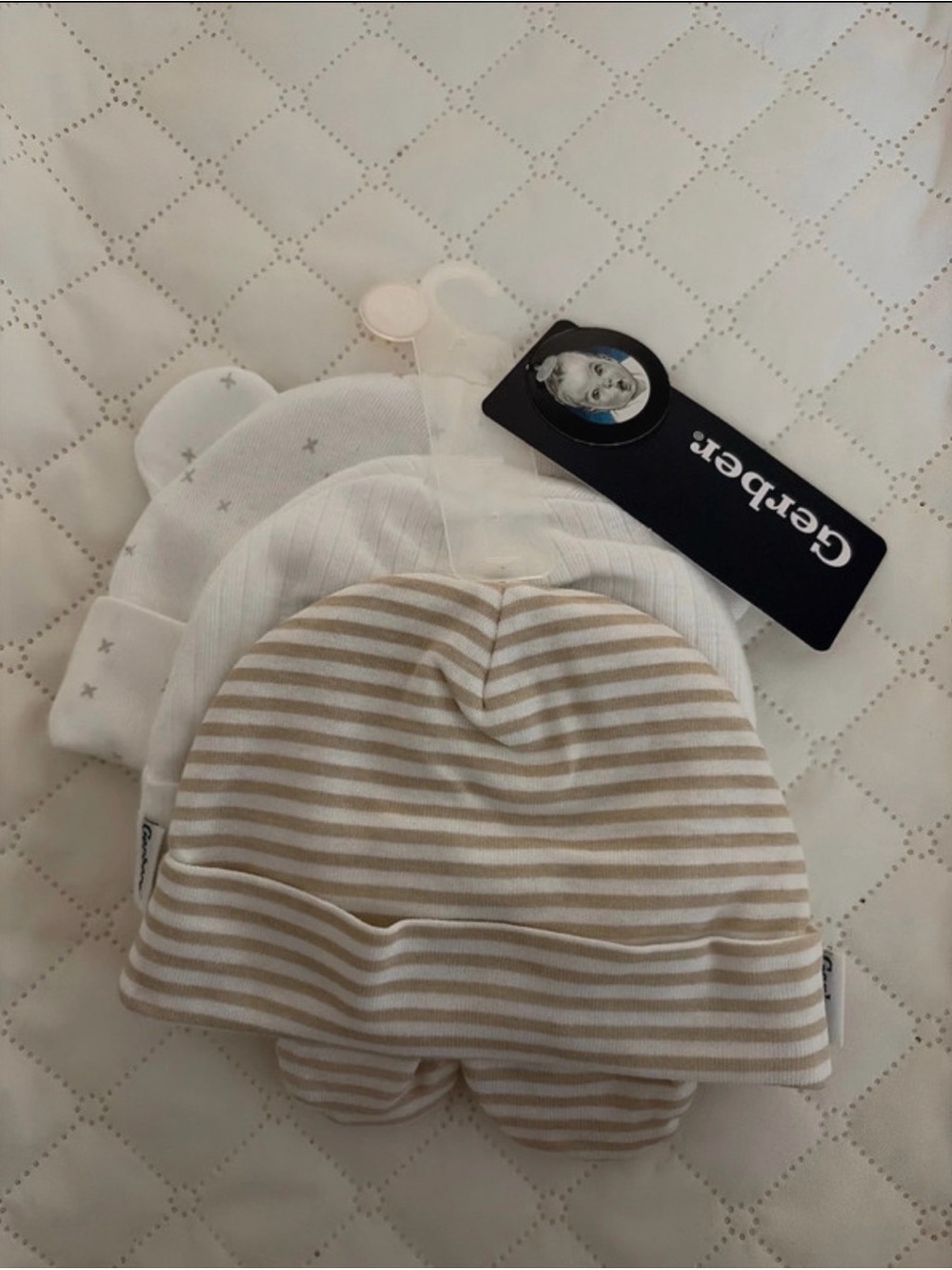 Gerber Neutral Stripe Baby Beanie Set - Beige & White